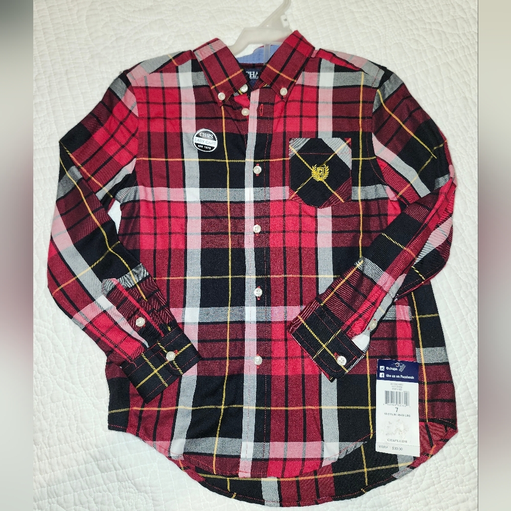 Chaps Kids Size 7 Dress Button Shirt Top Plaid Red, Black, White